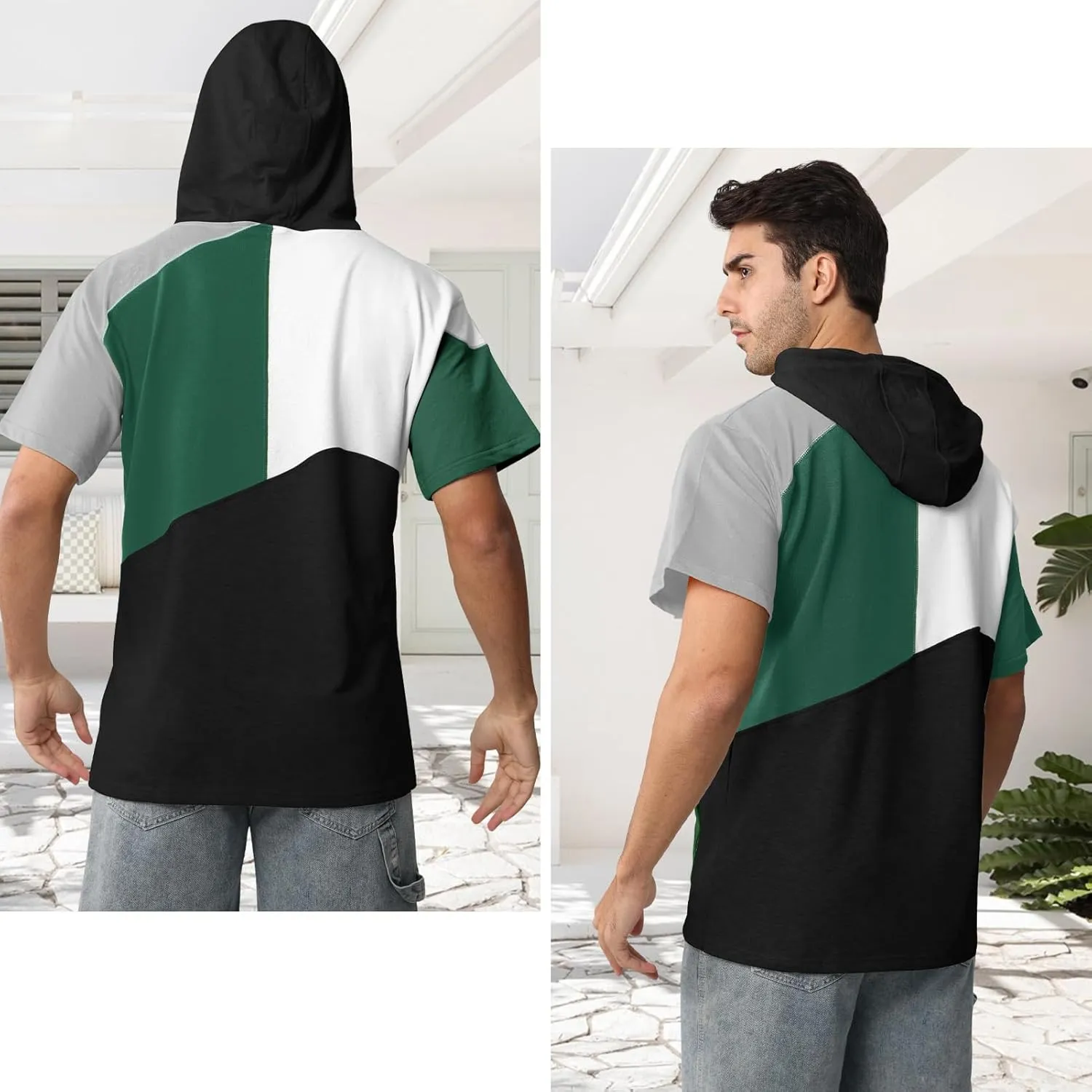 Mens Short Sleeve Hoodie Womens Cotton T-Shirt Hoodie Color Block Moisture Wicking Hip Hop Sports Casual