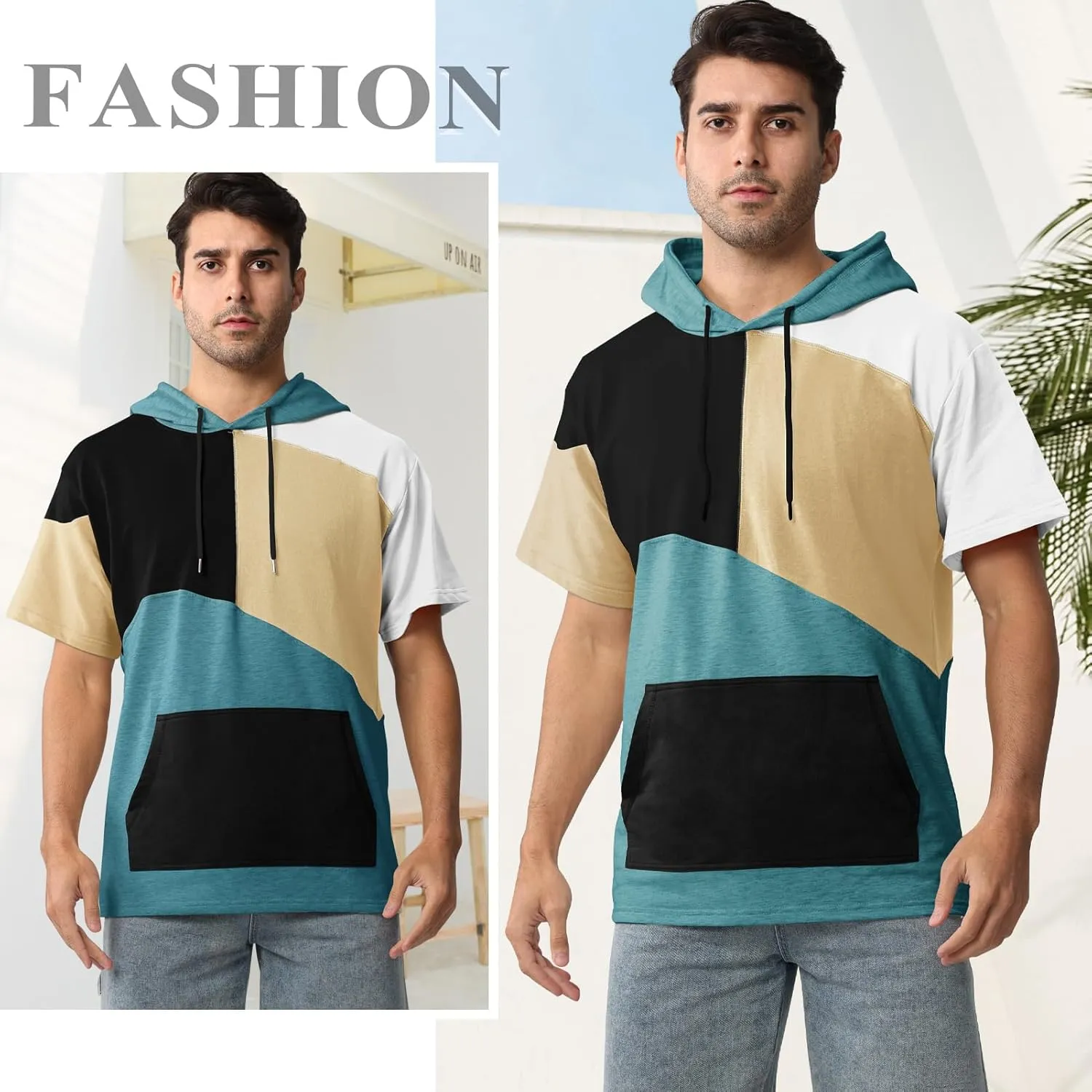 Mens Short Sleeve Hoodie Womens Cotton T-Shirt Hoodie Color Block Moisture Wicking Hip Hop Sports Casual
