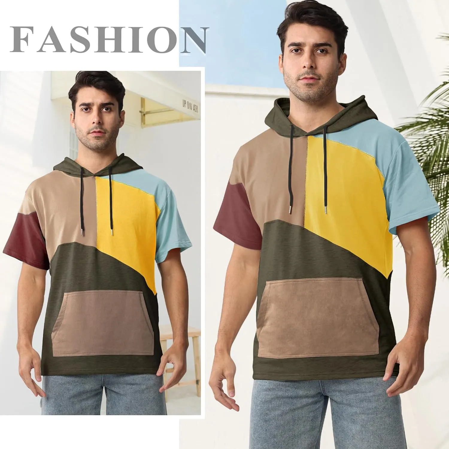Mens Short Sleeve Hoodie Womens Cotton T-Shirt Hoodie Color Block Moisture Wicking Hip Hop Sports Casual