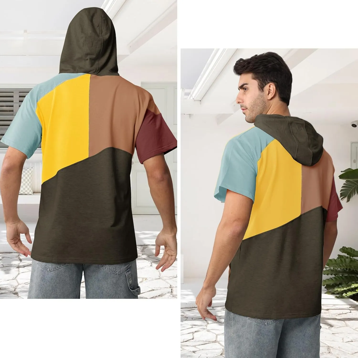 Mens Short Sleeve Hoodie Womens Cotton T-Shirt Hoodie Color Block Moisture Wicking Hip Hop Sports Casual