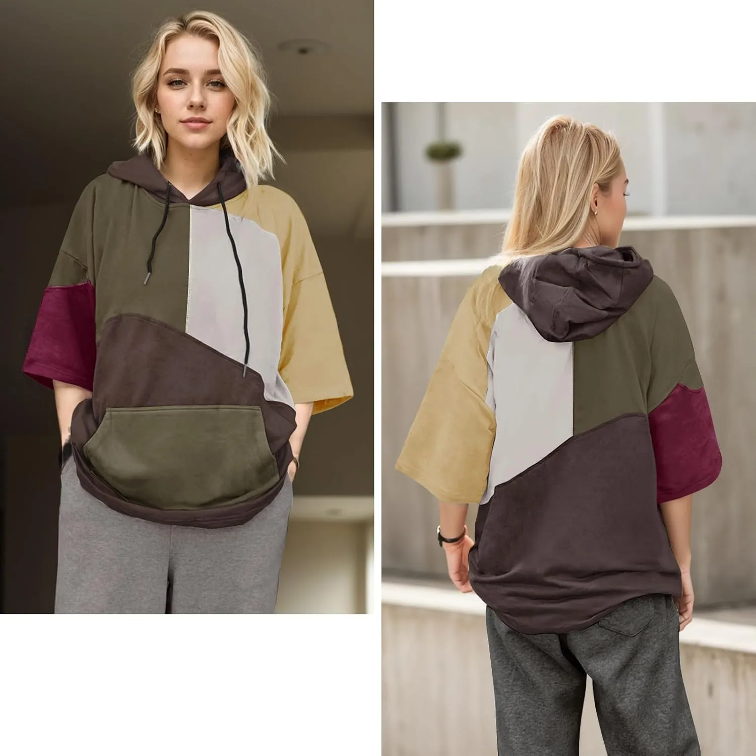 Mens Short Sleeve Hoodie Womens Cotton T-Shirt Hoodie Color Block Moisture Wicking Hip Hop Sports Casual