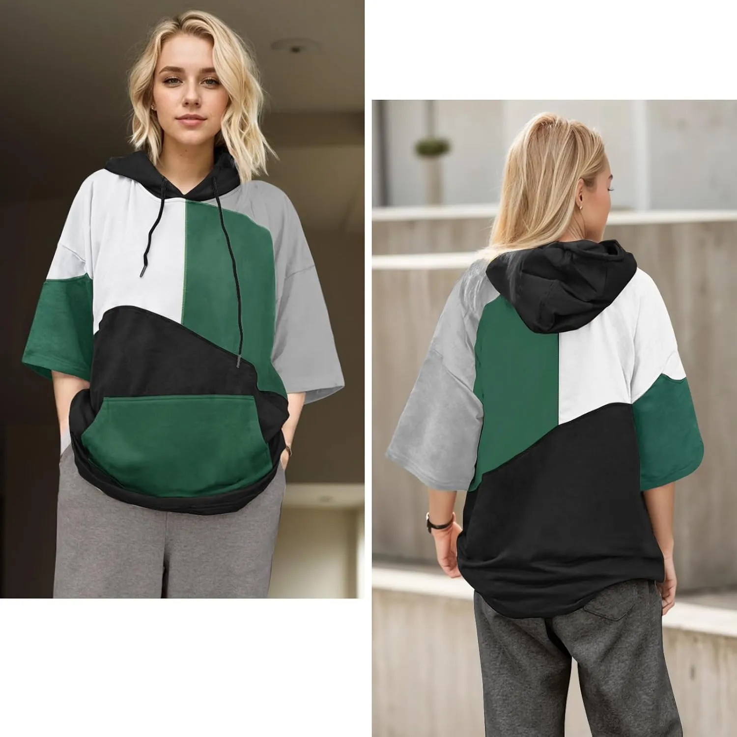 Mens Short Sleeve Hoodie Womens Cotton T-Shirt Hoodie Color Block Moisture Wicking Hip Hop Sports Casual