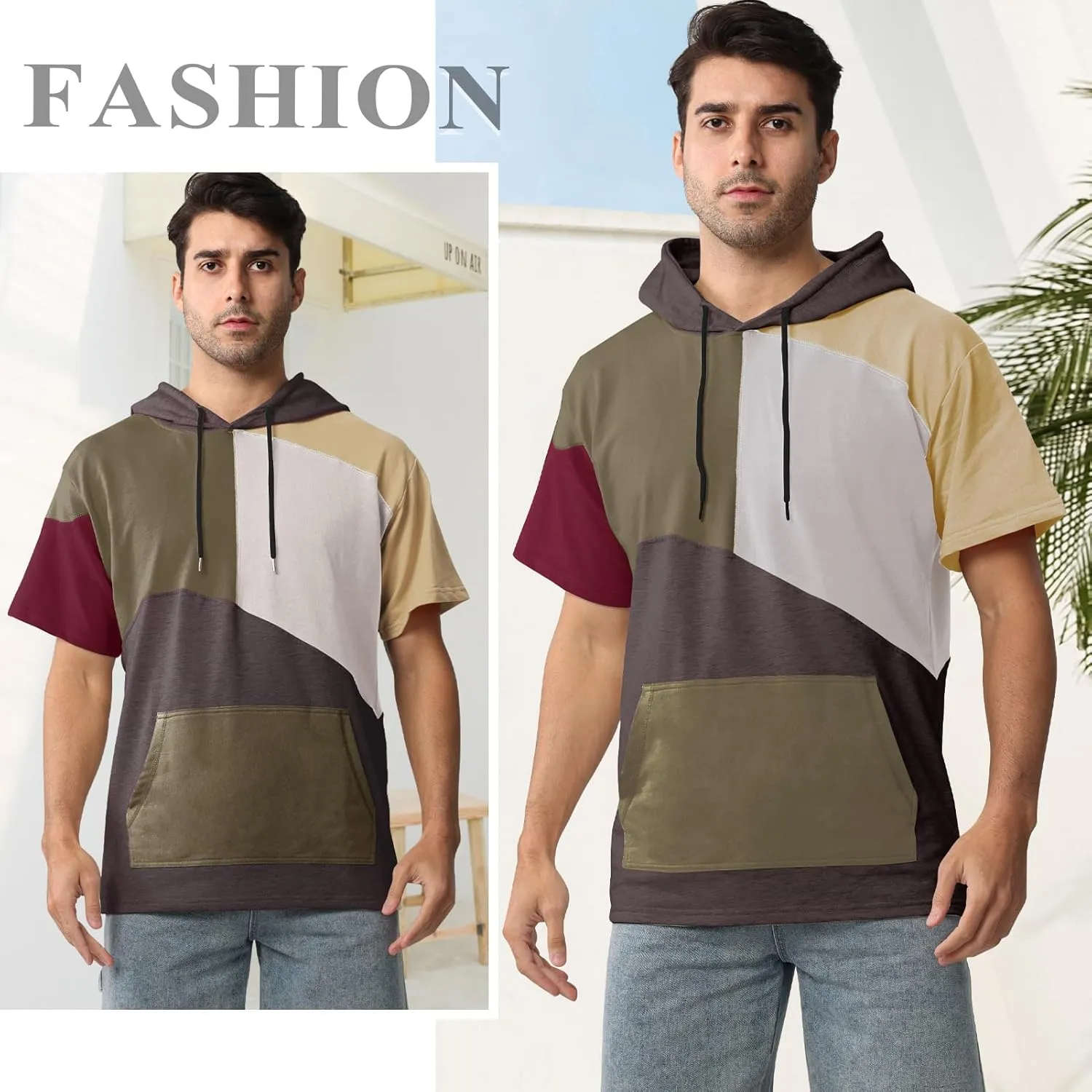 Mens Short Sleeve Hoodie Womens Cotton T-Shirt Hoodie Color Block Moisture Wicking Hip Hop Sports Casual