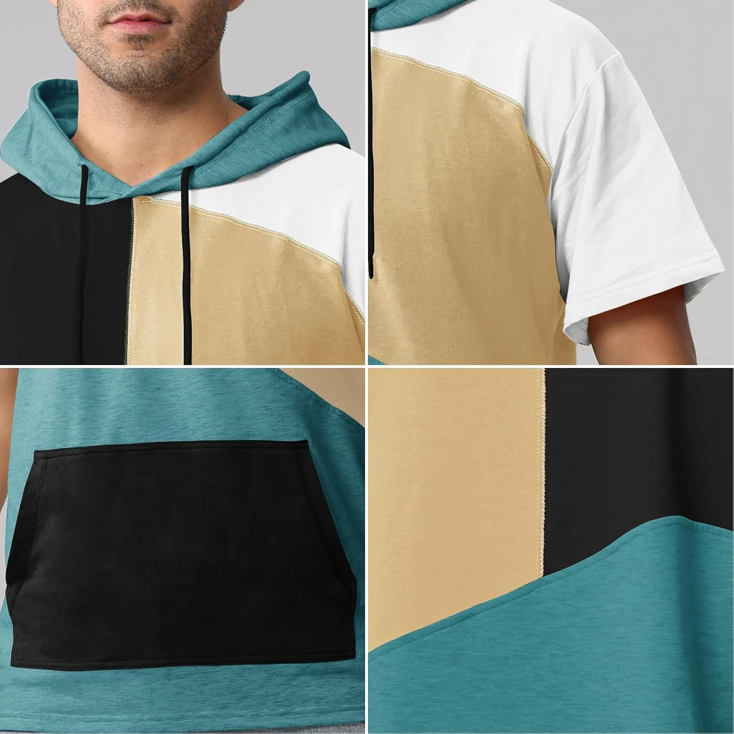 Mens Short Sleeve Hoodie Womens Cotton T-Shirt Hoodie Color Block Moisture Wicking Hip Hop Sports Casual