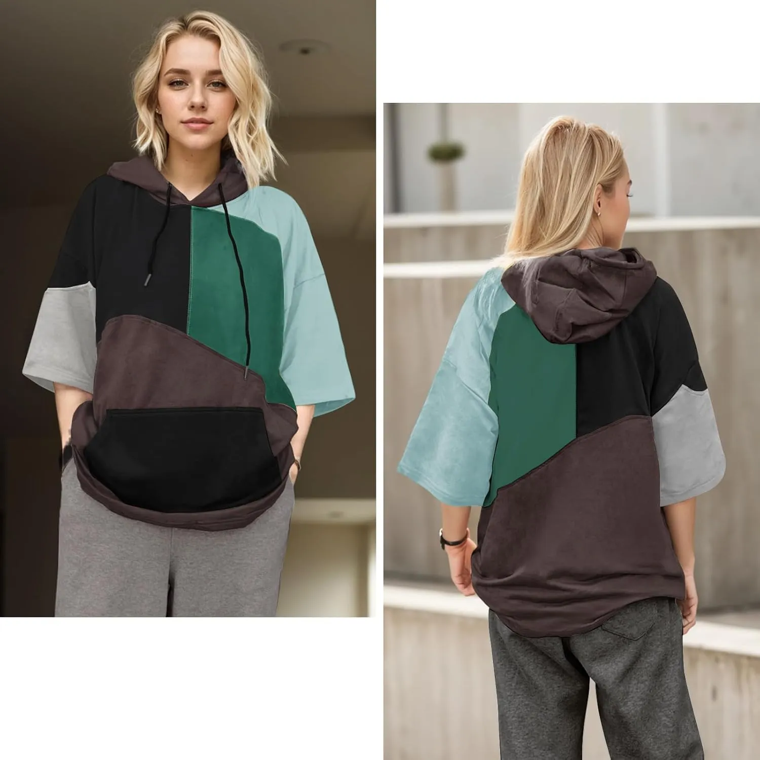 Mens Short Sleeve Hoodie Womens Cotton T-Shirt Hoodie Color Block Moisture Wicking Hip Hop Sports Casual