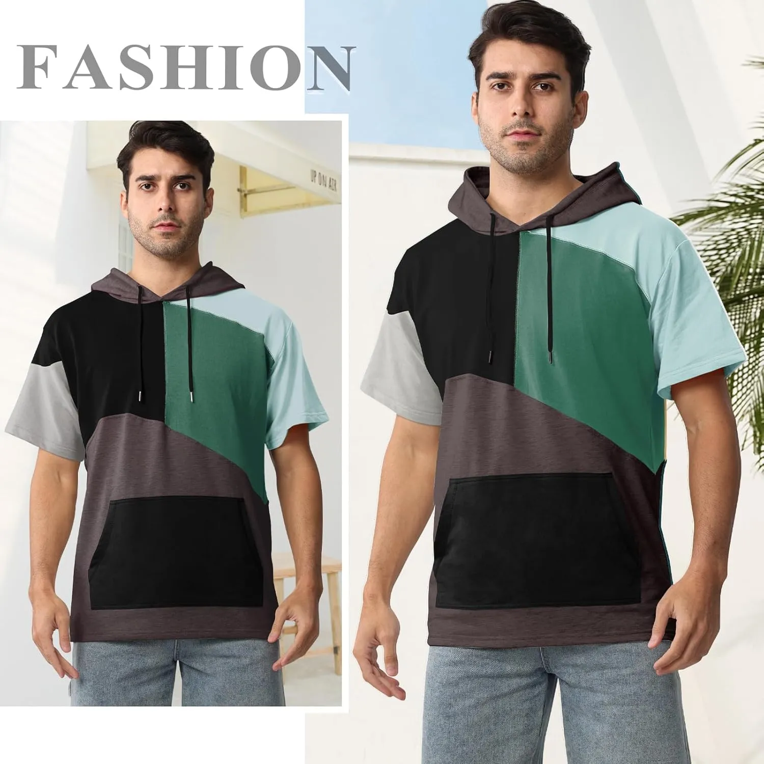 Mens Short Sleeve Hoodie Womens Cotton T-Shirt Hoodie Color Block Moisture Wicking Hip Hop Sports Casual
