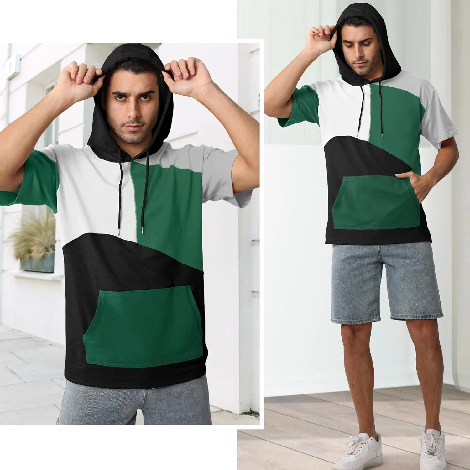Mens Short Sleeve Hoodie Womens Cotton T-Shirt Hoodie Color Block Moisture Wicking Hip Hop Sports Casual