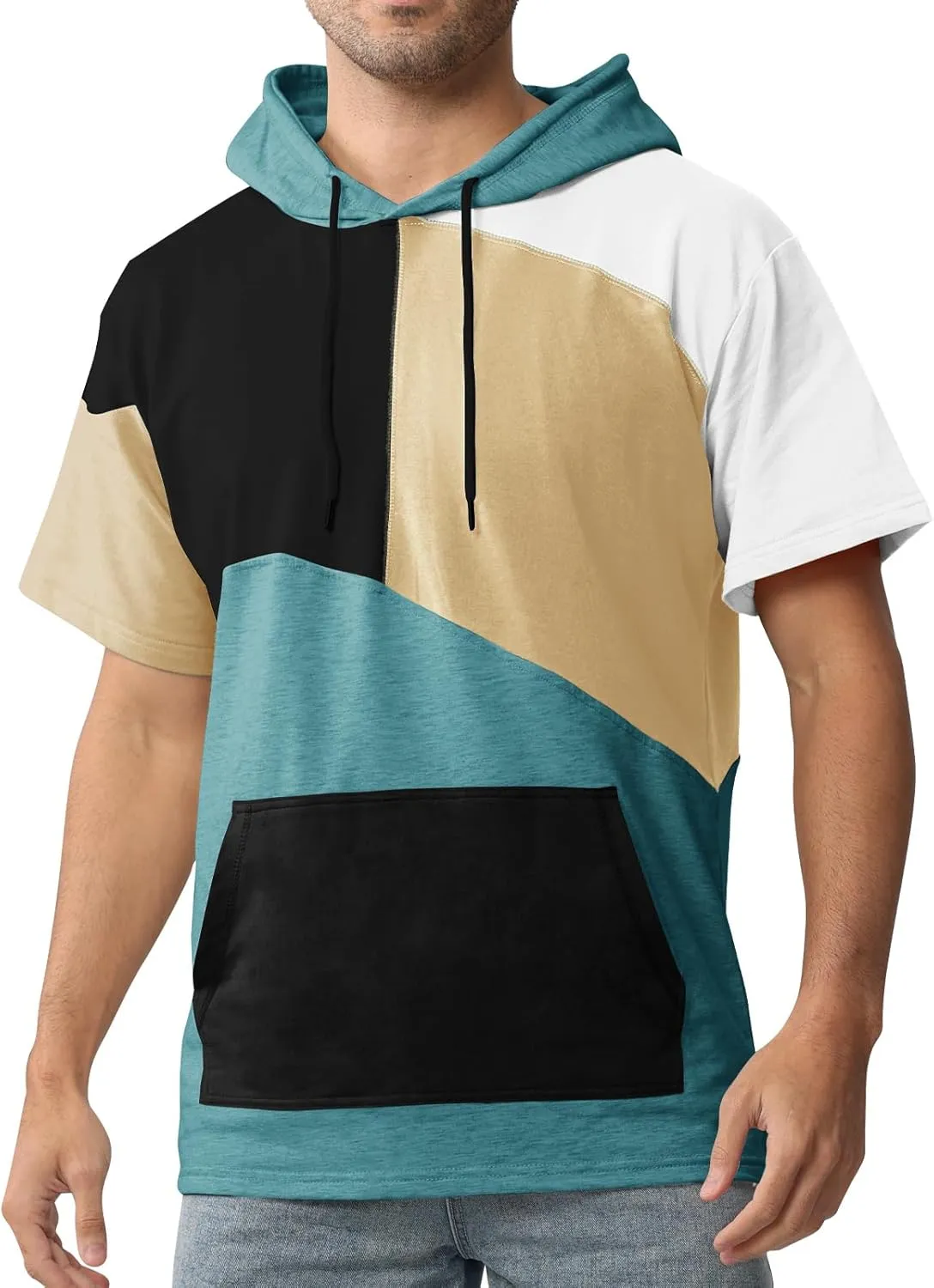 Mens Short Sleeve Hoodie Womens Cotton T-Shirt Hoodie Color Block Moisture Wicking Hip Hop Sports Casual