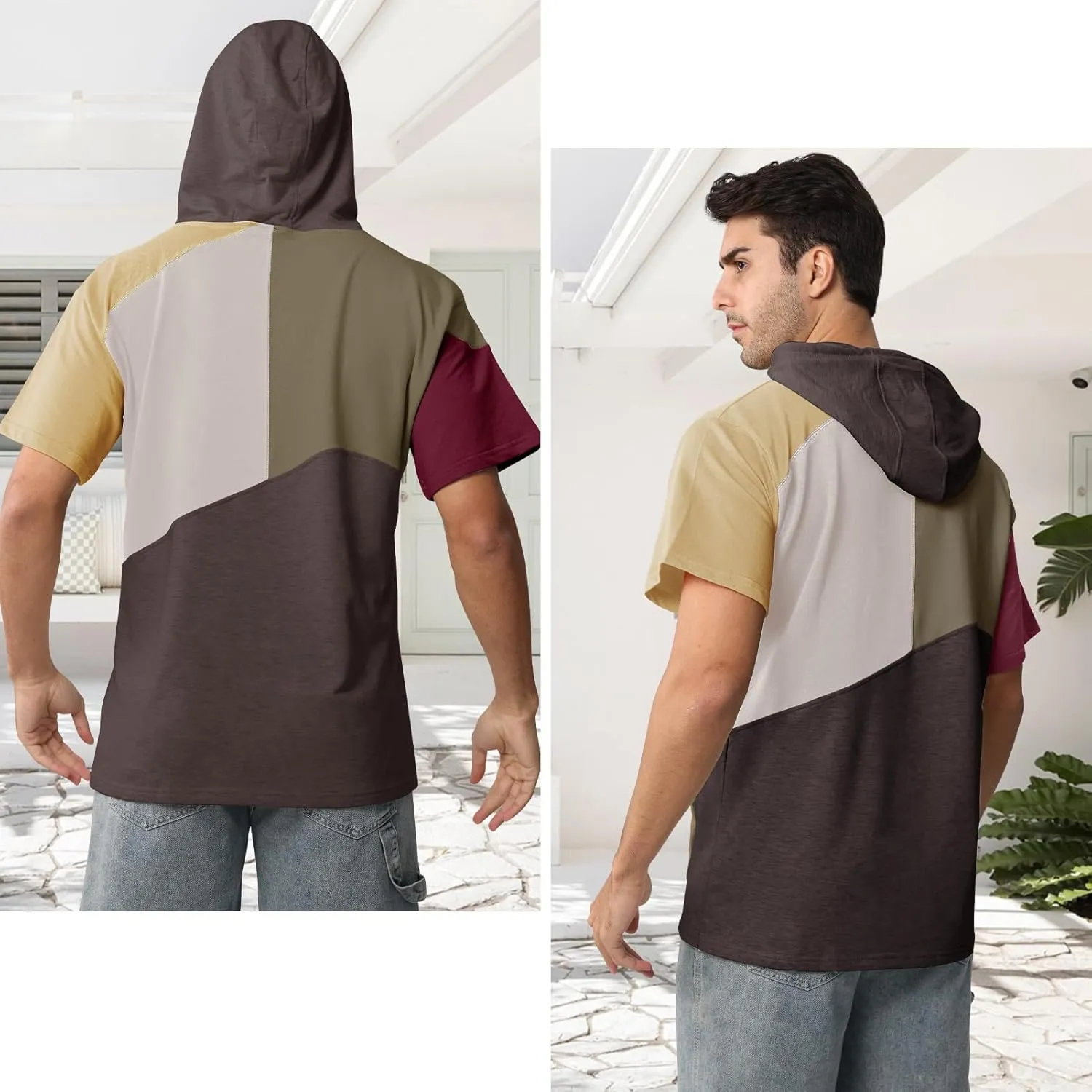 Mens Short Sleeve Hoodie Womens Cotton T-Shirt Hoodie Color Block Moisture Wicking Hip Hop Sports Casual