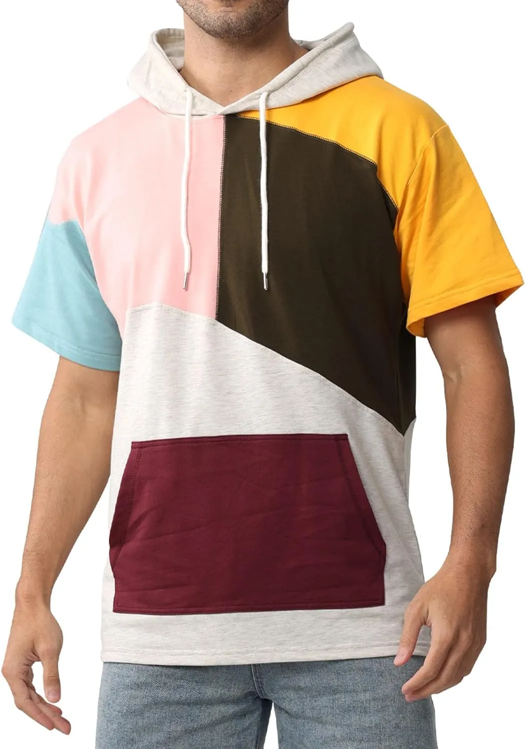 Mens Short Sleeve Hoodie Womens Cotton T-Shirt Hoodie Color Block Moisture Wicking Hip Hop Sports Casual