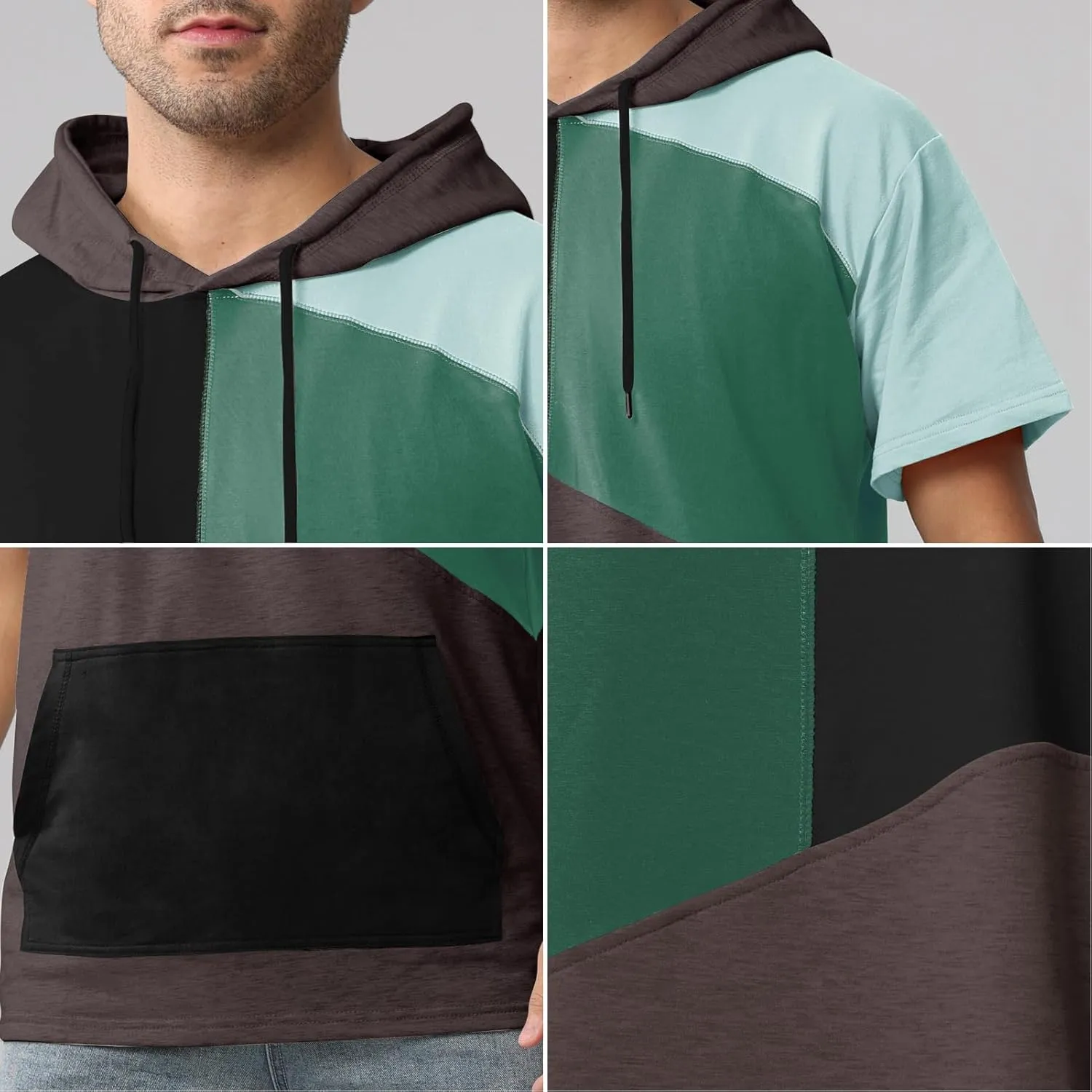 Mens Short Sleeve Hoodie Womens Cotton T-Shirt Hoodie Color Block Moisture Wicking Hip Hop Sports Casual