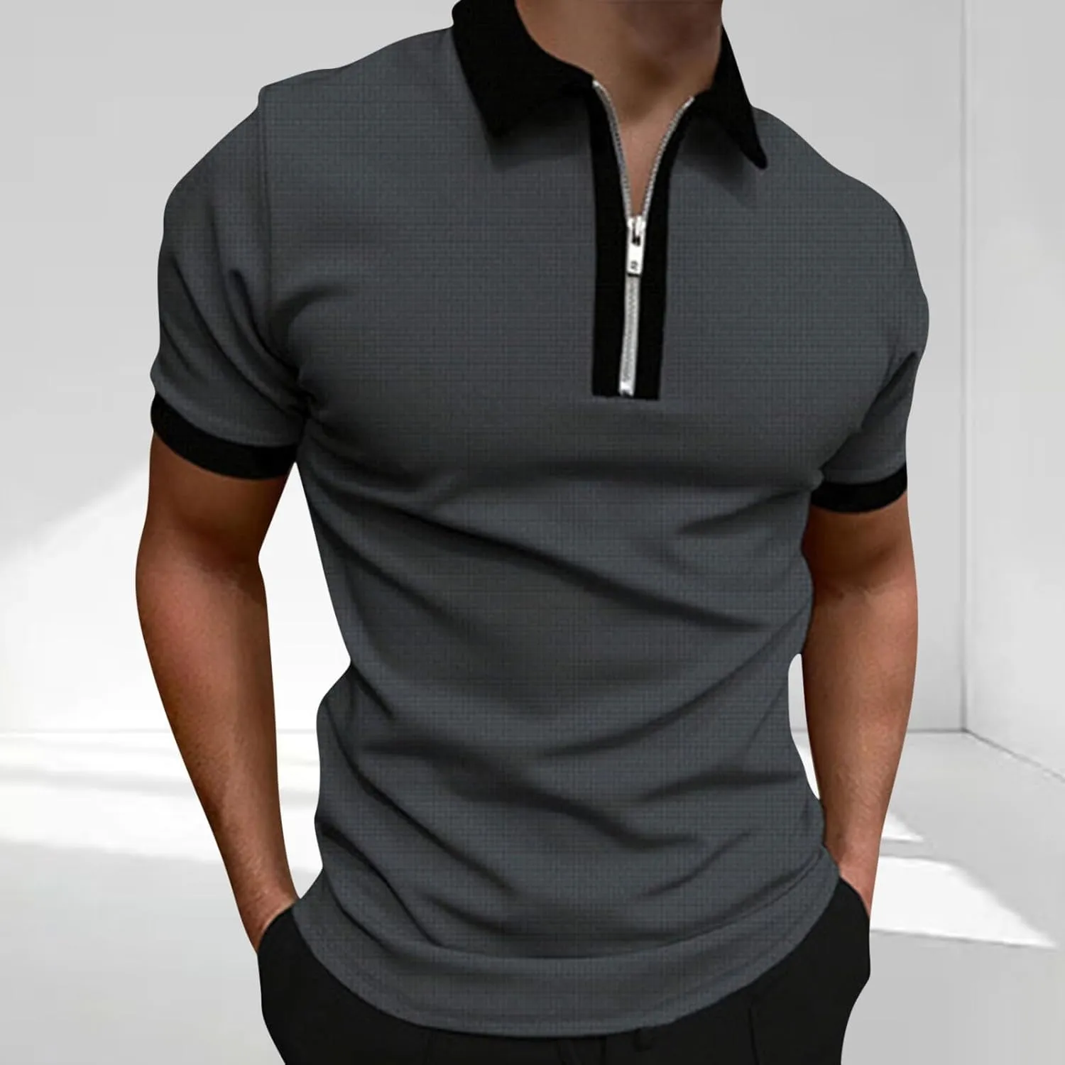 Mens Short Sleeve Quarter Zip Shirts Casual Colorblock Golf Shirt Slim Fit Waffle Moisture Wicking Collared T-Shirt 2025