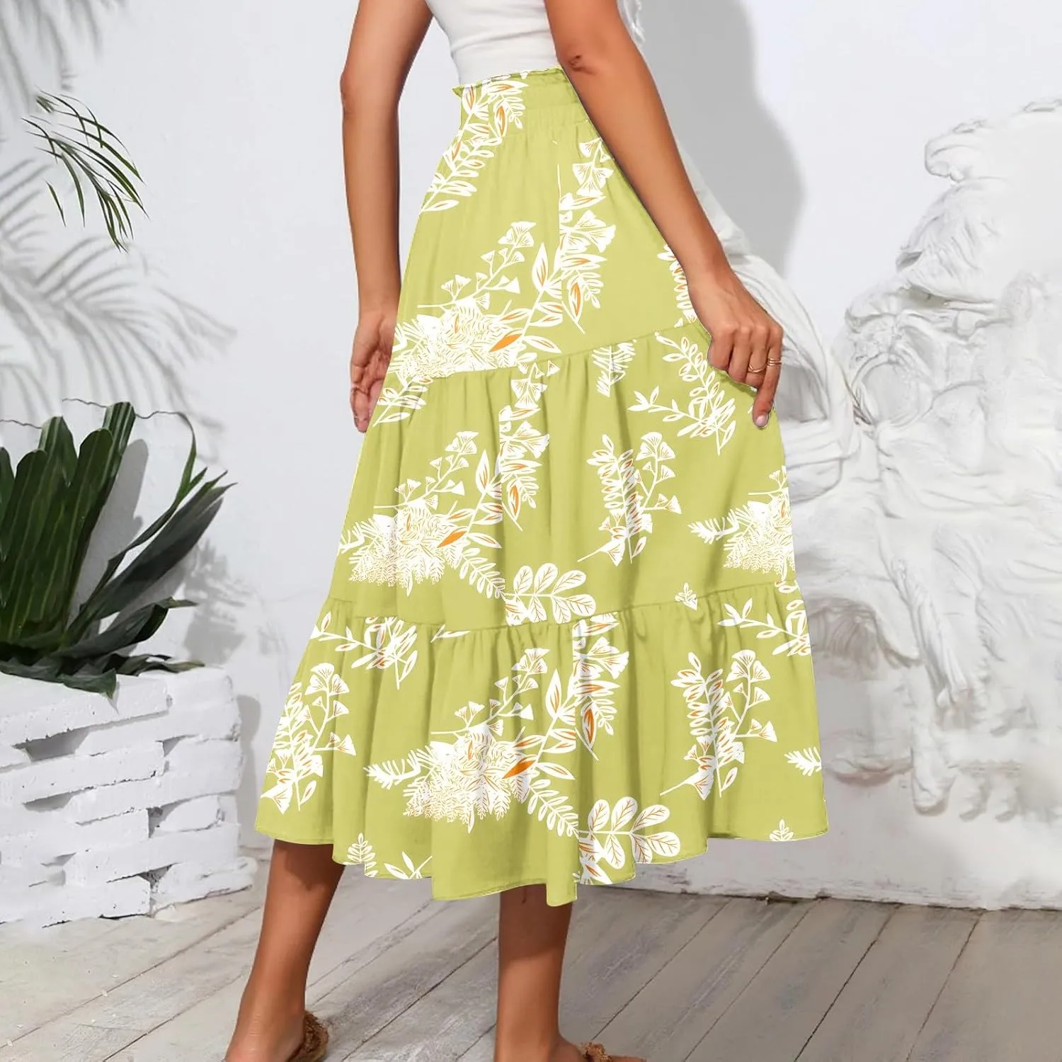 Midi Boho Floral Skirts for Women Trendy Tiered Comfy Flowy A Line Skirt Drawstring High Elastic Waist Skorts with Pockets