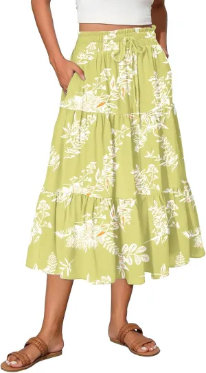 Midi Boho Floral Skirts for Women Trendy Tiered Comfy Flowy A Line Skirt Drawstring High Elastic Waist Skorts with Pockets