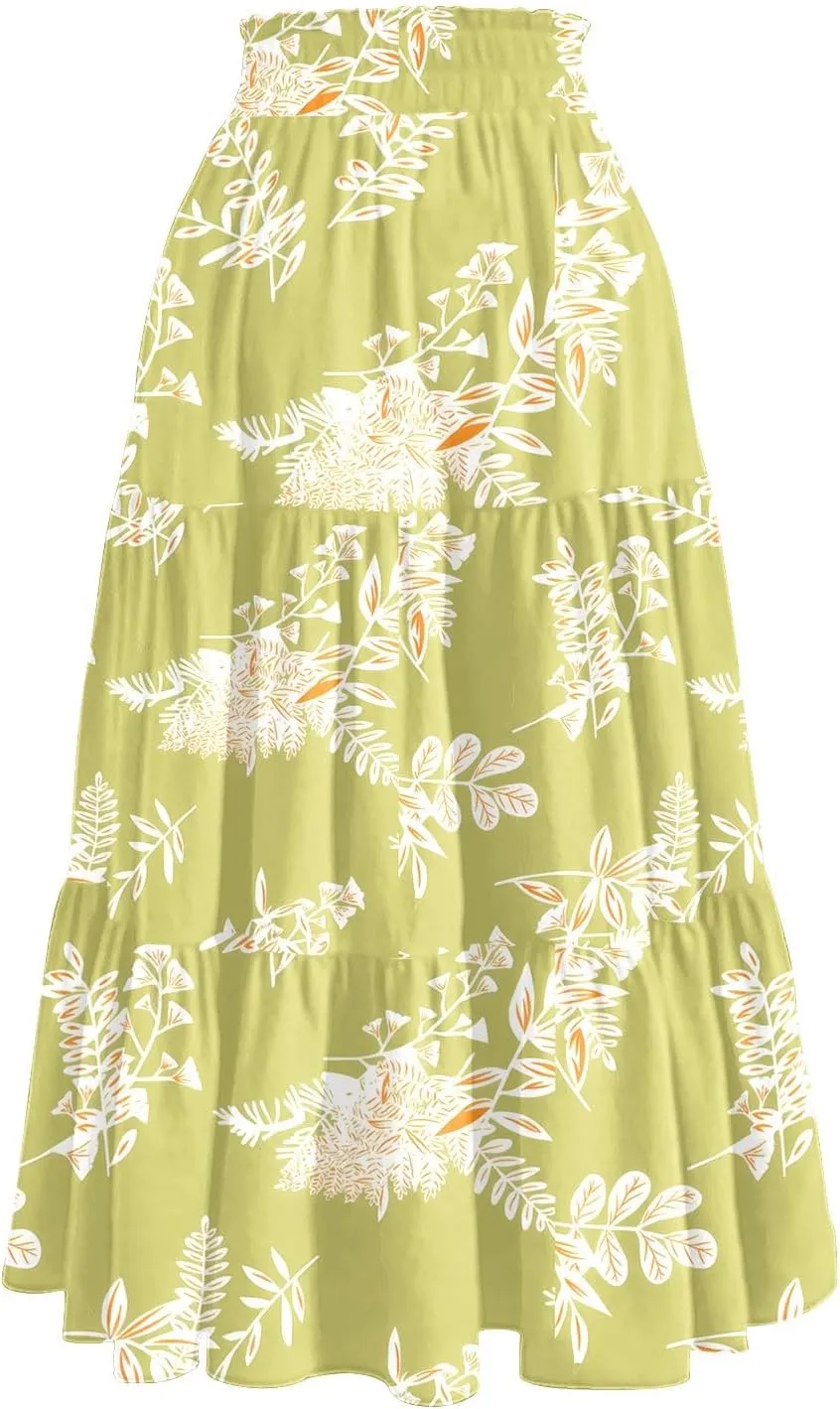 Midi Boho Floral Skirts for Women Trendy Tiered Comfy Flowy A Line Skirt Drawstring High Elastic Waist Skorts with Pockets