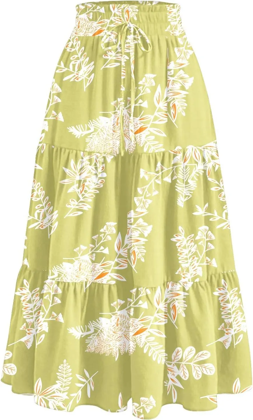 Midi Boho Floral Skirts for Women Trendy Tiered Comfy Flowy A Line Skirt Drawstring High Elastic Waist Skorts with Pockets