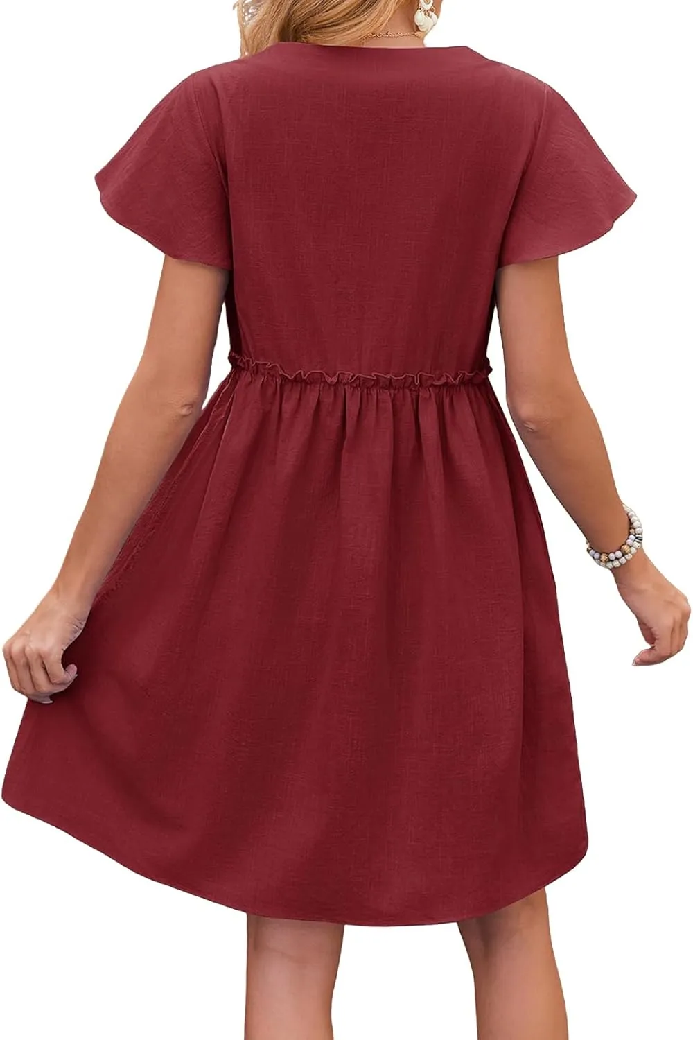 Mini Dresses for Women V Neck Ruffle Waist Pleated Hem Dress Short Sleeve Button Down Sundress Summer Dress 2025