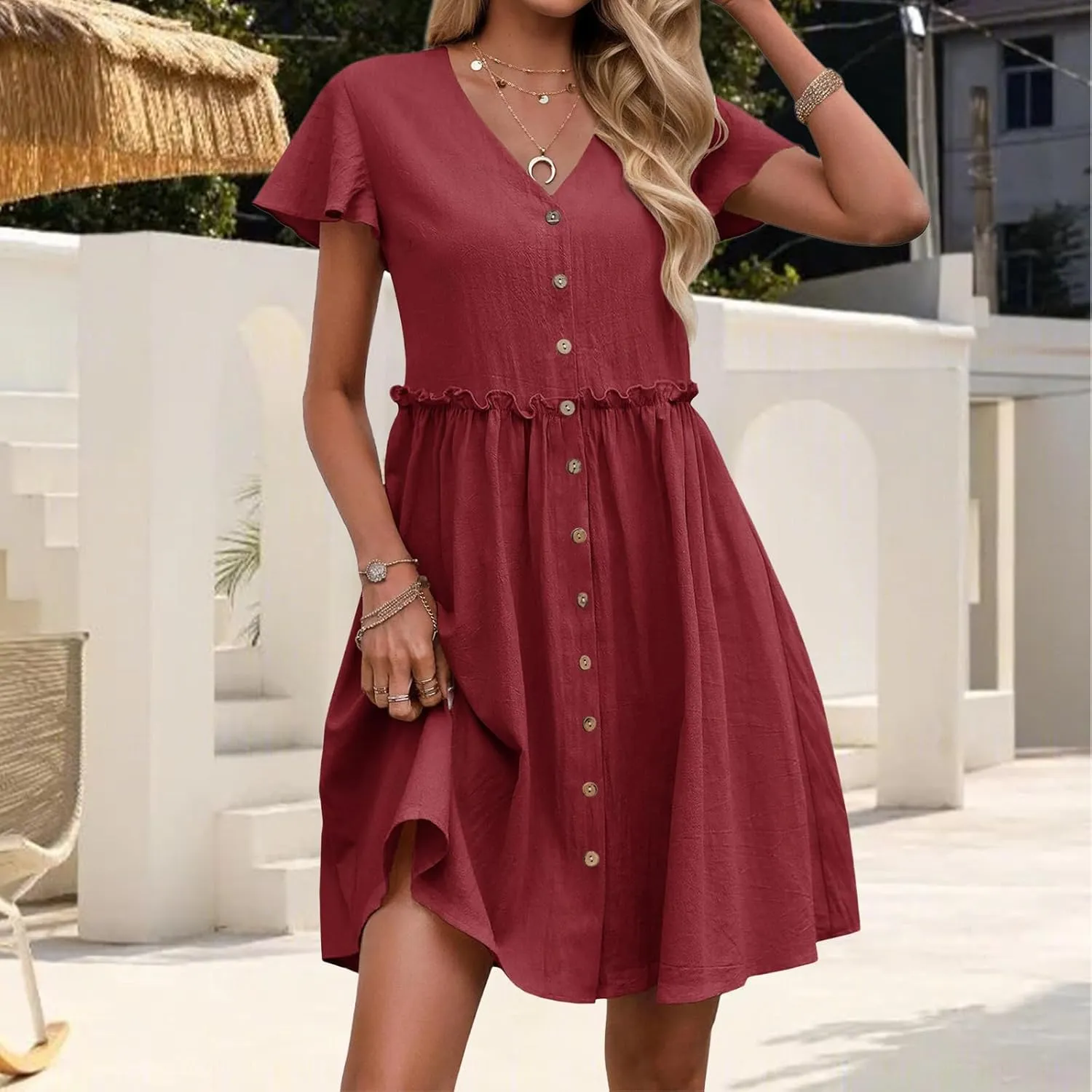 Mini Dresses for Women V Neck Ruffle Waist Pleated Hem Dress Short Sleeve Button Down Sundress Summer Dress 2025