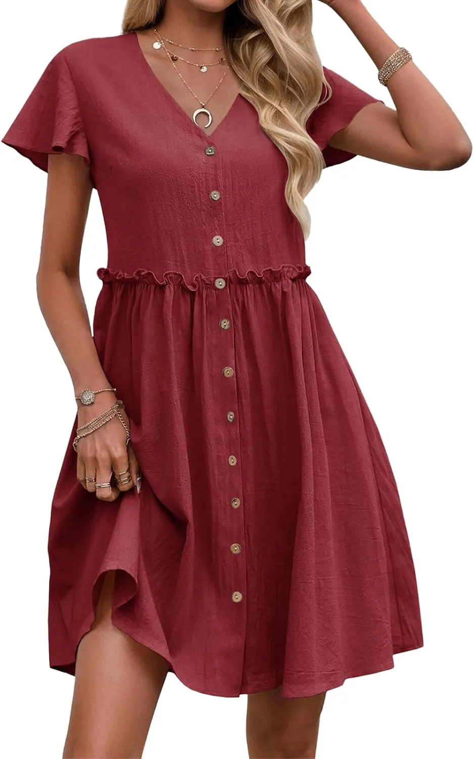 Mini Dresses for Women V Neck Ruffle Waist Pleated Hem Dress Short Sleeve Button Down Sundress Summer Dress 2025