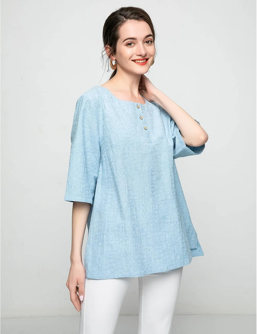 Minibee Women's 3/4 Sleeve Cotton Linen Jacquard Blouses Top T-Shirt