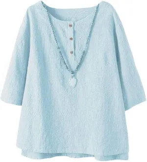 Minibee Women's 3/4 Sleeve Cotton Linen Jacquard Blouses Top T-Shirt