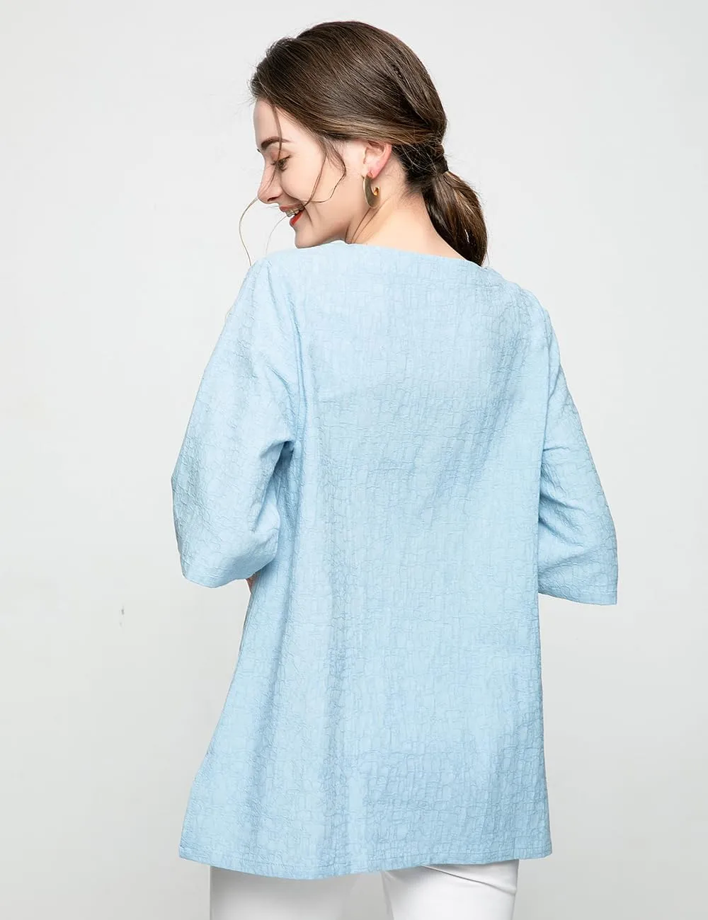 Minibee Women's 3/4 Sleeve Cotton Linen Jacquard Blouses Top T-Shirt
