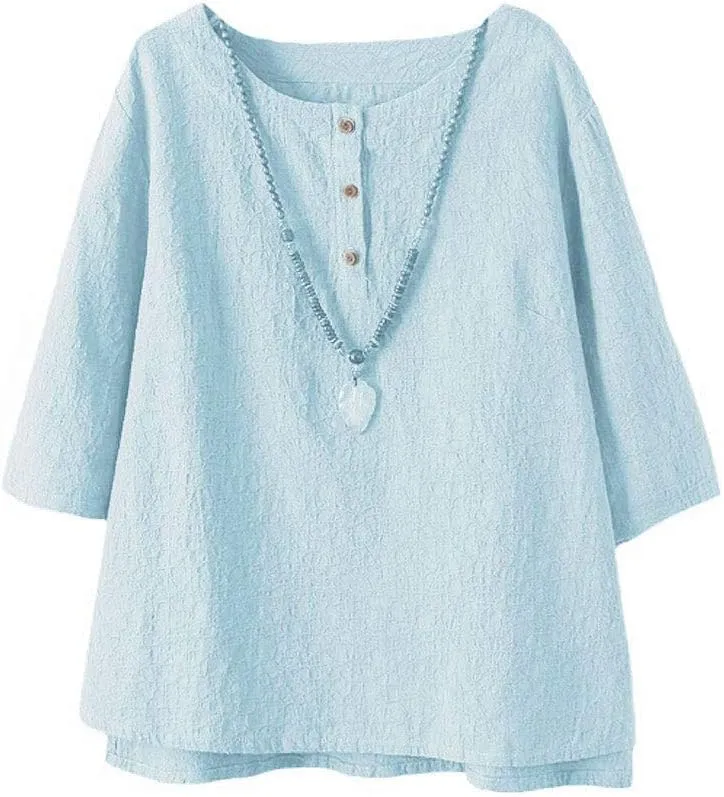 Minibee Women's 3/4 Sleeve Cotton Linen Jacquard Blouses Top T-Shirt