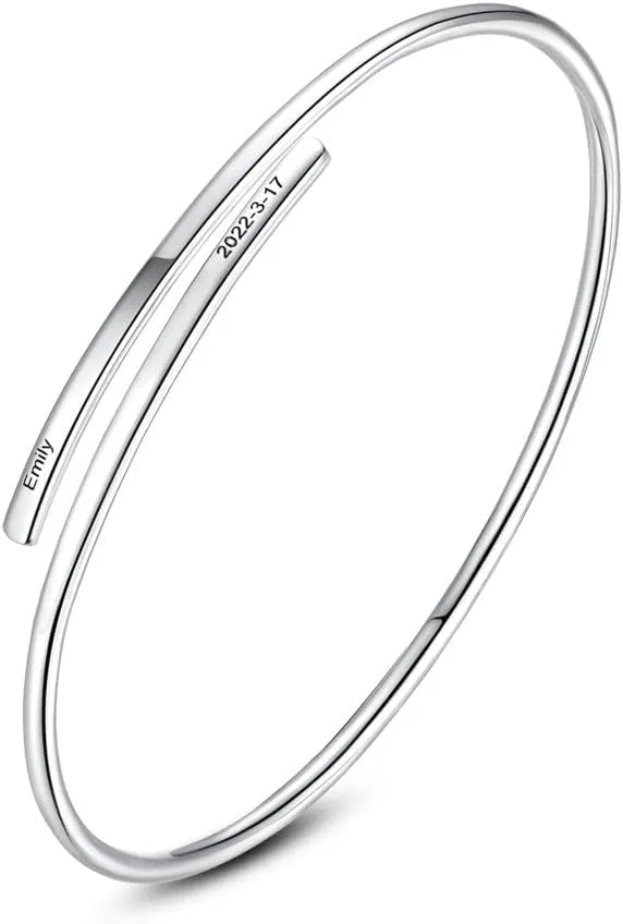 Minimalist Birthday Cuff Bracelets Friends Wife Bangle Women's Sterling Silver Bangles Bar Name Plate Jewelry 2mm Teen Girl Cuff Bangle