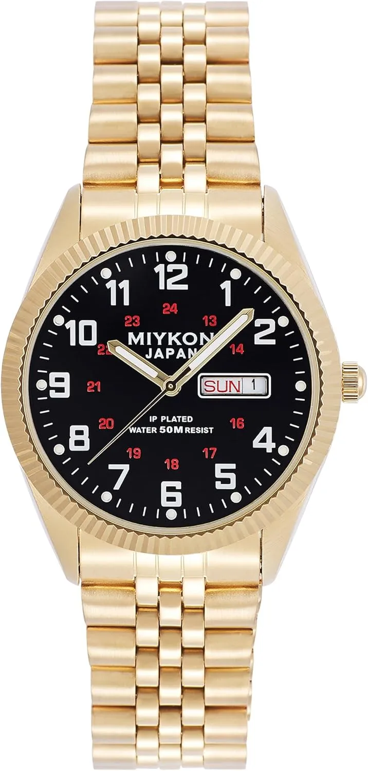Miykon Silver and Gold Watches for Men | Day Date Mens Dress Watch with Genuine Crystals and Stainless Steel Bracelet | Ion Polished, Lume Hands, Anti-Scratch Glass, Japan Quartz, 50M Water Resistant