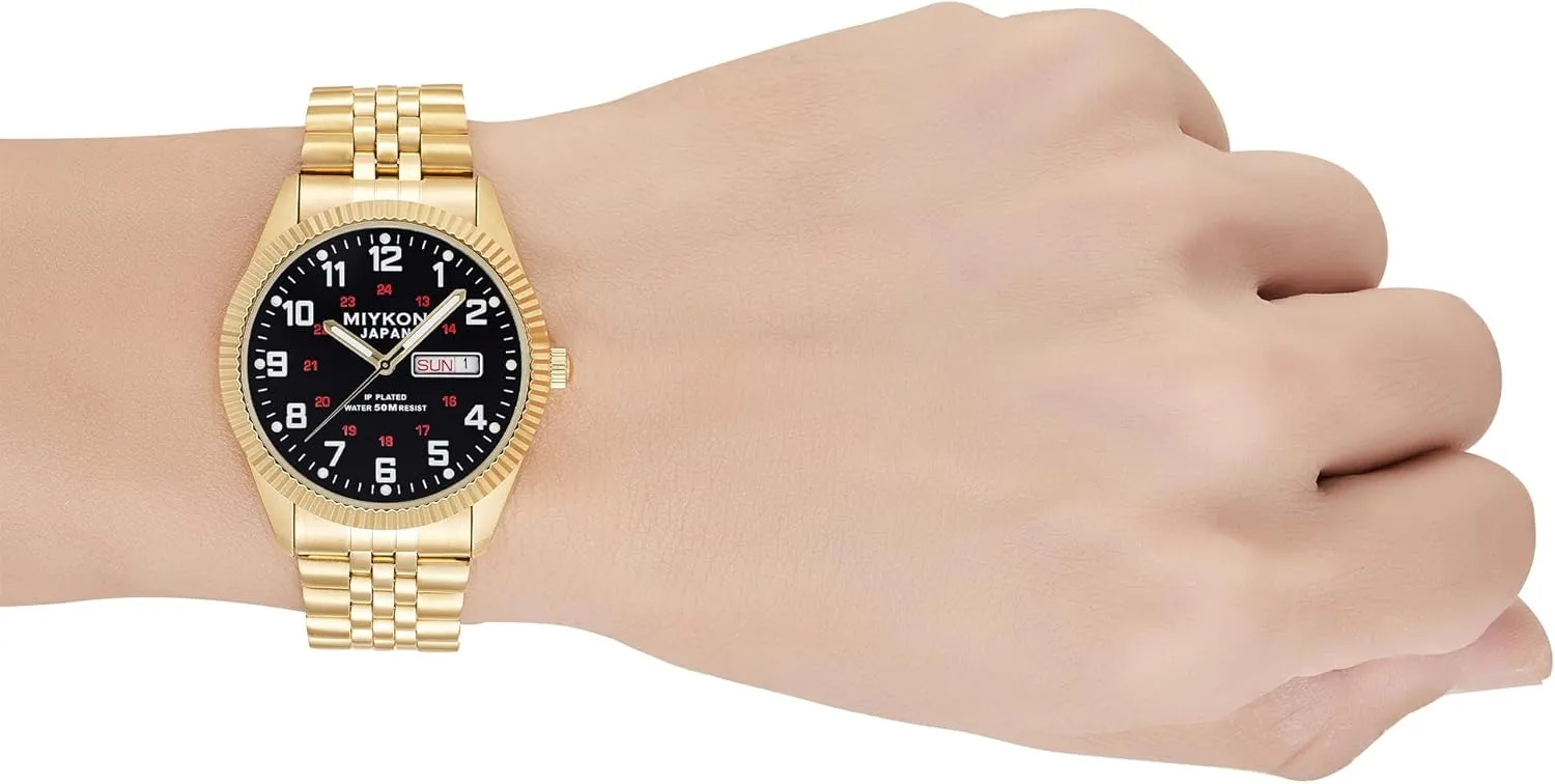Miykon Silver and Gold Watches for Men | Day Date Mens Dress Watch with Genuine Crystals and Stainless Steel Bracelet | Ion Polished, Lume Hands, Anti-Scratch Glass, Japan Quartz, 50M Water Resistant