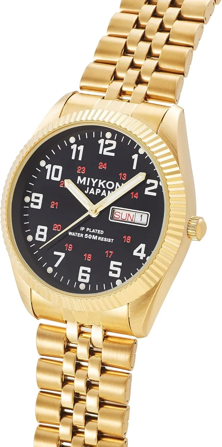 Miykon Silver and Gold Watches for Men | Day Date Mens Dress Watch with Genuine Crystals and Stainless Steel Bracelet | Ion Polished, Lume Hands, Anti-Scratch Glass, Japan Quartz, 50M Water Resistant