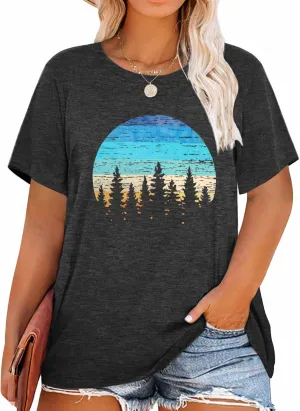 MK Shop Limited Plus Size Tops for Women Cute Vintage Graphic Tee Sunrise Camping Funny Print Casual Nature Travel Shirt