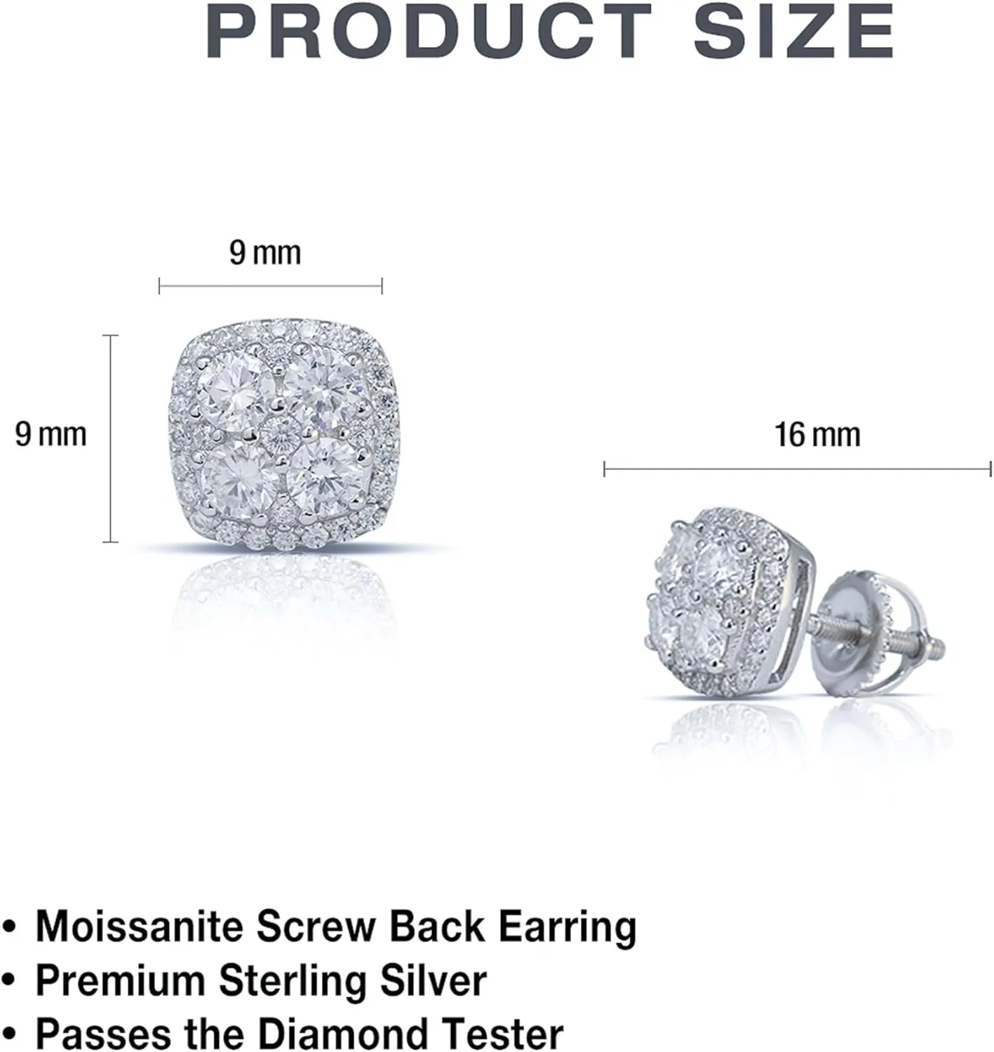 Moissanite Stud Earrings for Men & Women  925 Sterling Silver, Screw Back, Hypoallergenic, Passes Diamond Tester, Luxury Gift