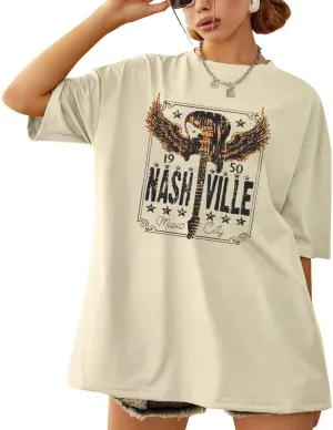 MOUSYA Women's Oversized Country Music Shirts Nashville Shirts Casual Rock Band Tshirt Vintage Graphic Tees Tops
