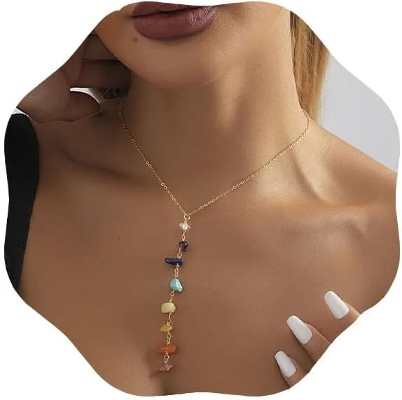 Multi Stone Crystal Necklace Gold Lariat Necklace Long Choker Necklace 8 Color Stones Pendant Necklace Healing Stone Necklaces for Women