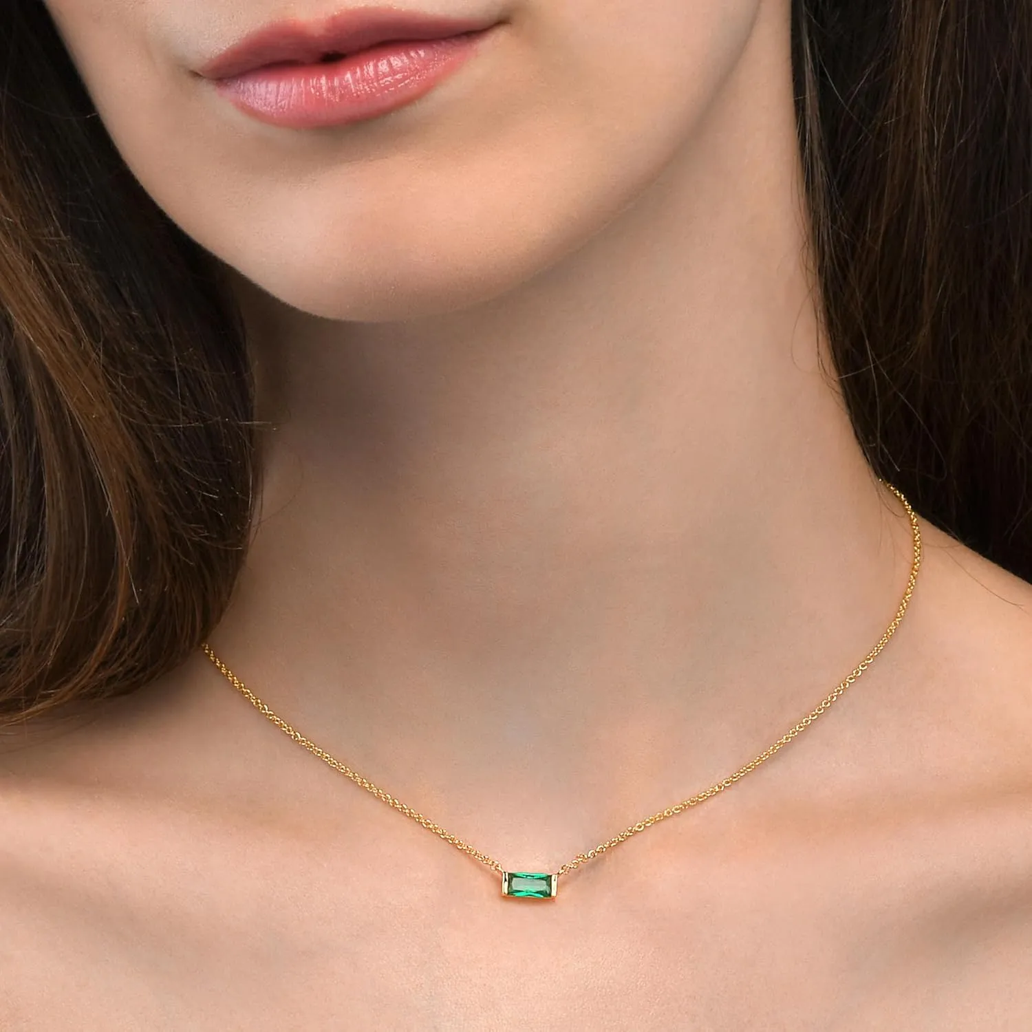namana Dainty Gold Necklace for Women with a Single Coloured Stone, Gold Pendant Necklaces for Women with Baguette Cut Stones, Simple Gold Necklace for Women