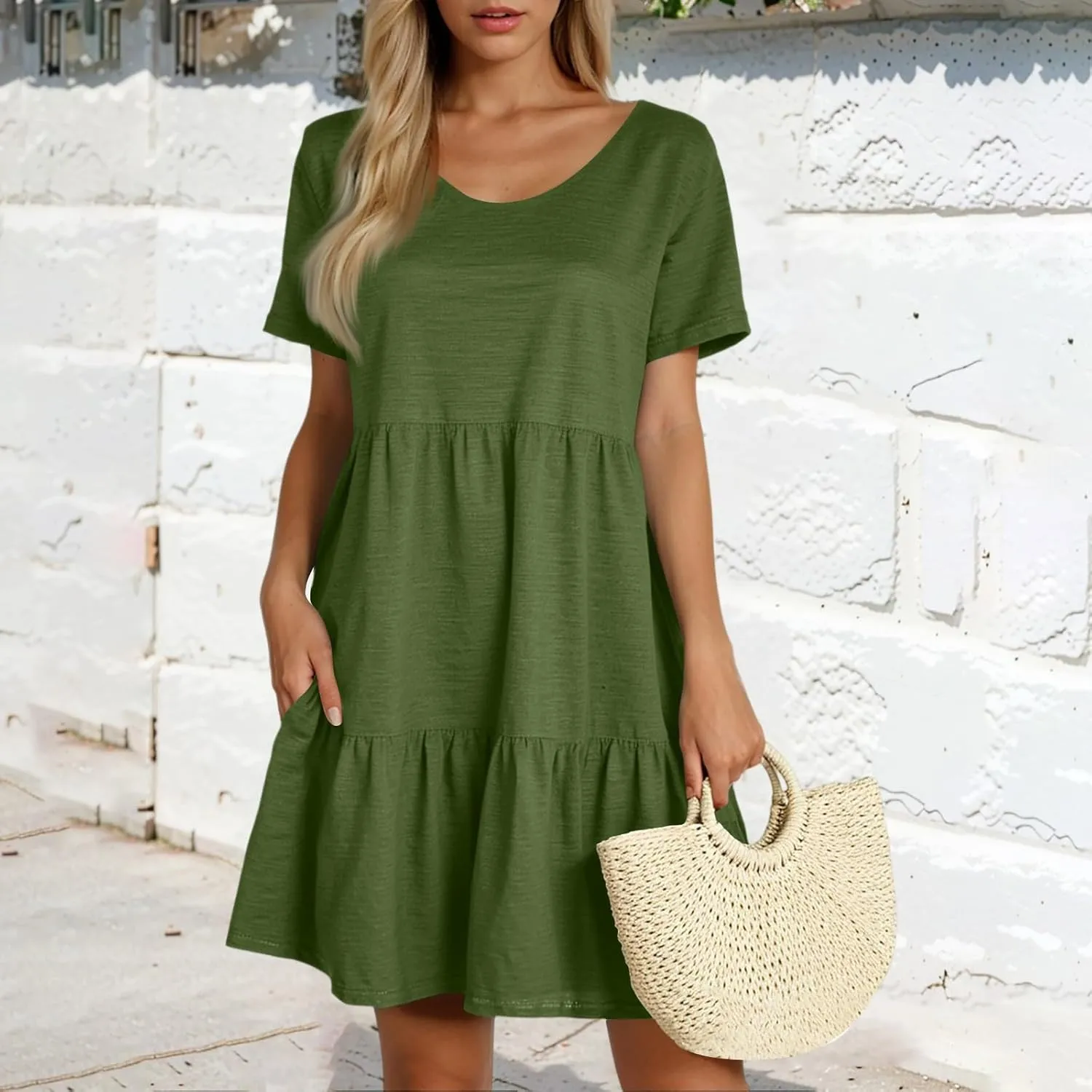 NBXNZWF Women's Summer T Shirts Dress 2025 Round Neck Short Sleeve Tiered Beach Vacation Mini Cake Sundress with Pockets
