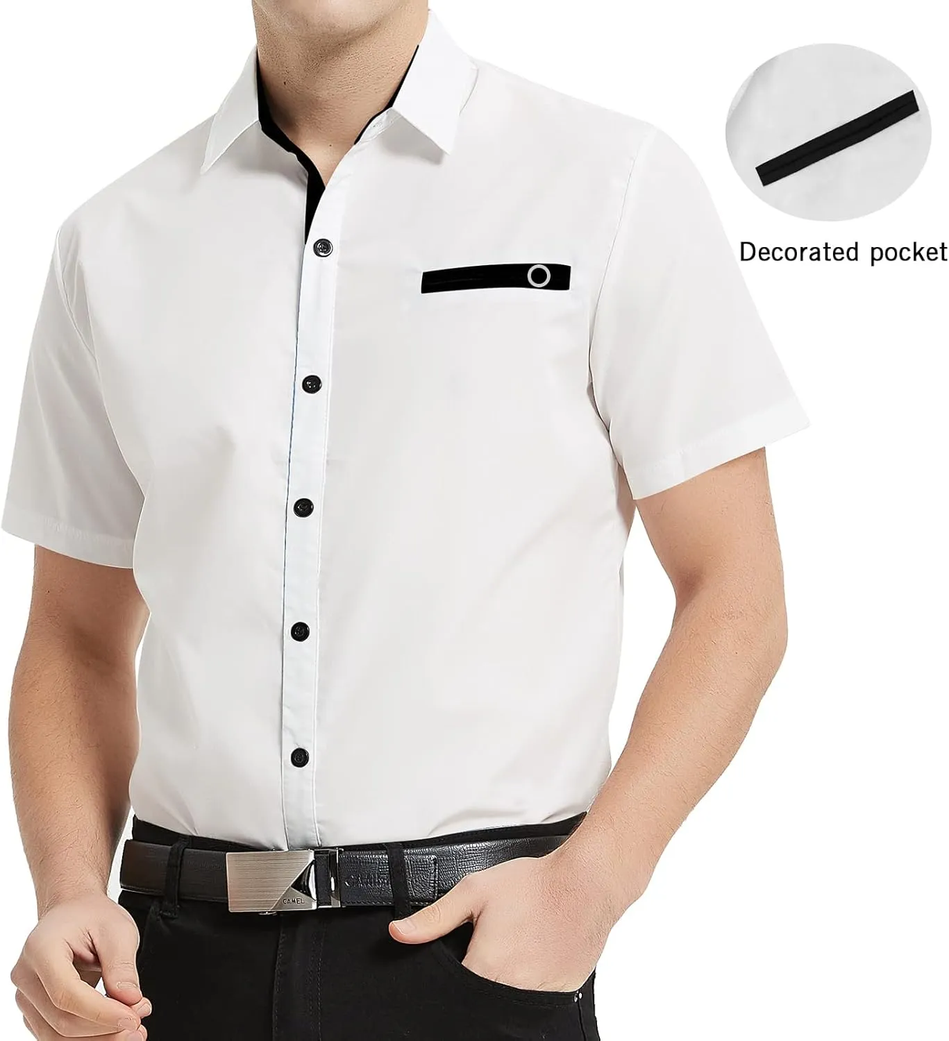 NeedBo Mens Short Sleeve Dress Shirts Slim-Fit Inner Contrast Casual Button Down Shirts