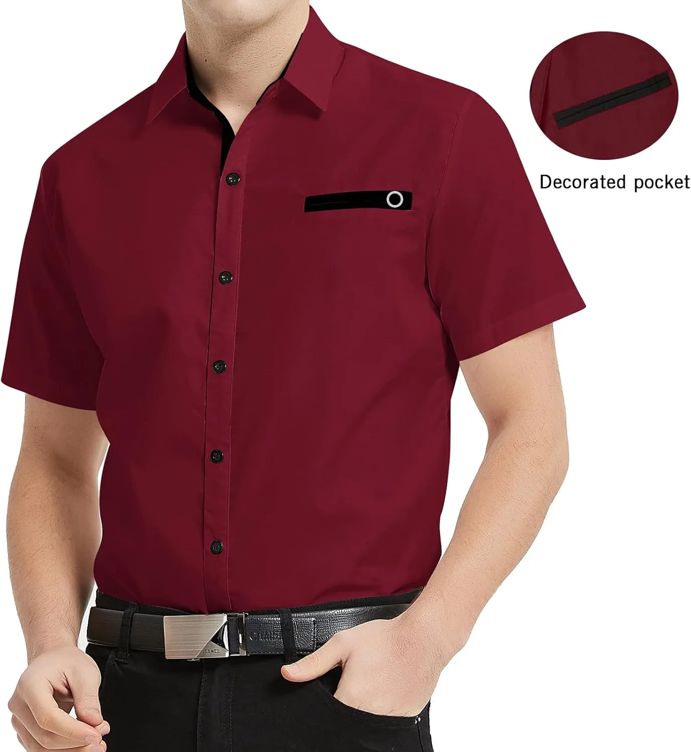 NeedBo Mens Short Sleeve Dress Shirts Slim-Fit Inner Contrast Casual Button Down Shirts