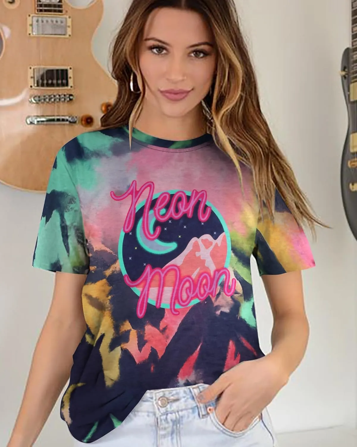 Neon Moon Shirt Women Country Music T Shirts Neon Shirts Western Graphic Tees Funny Summer Moon Stars Concert Tops