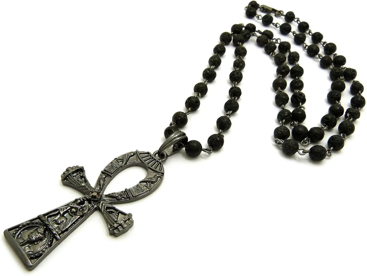 NEW EGYPTIAN ANKH CROSS PENDANT & 30" LAVA STONE BEAD CHAIN HIP HOP NECKLACES