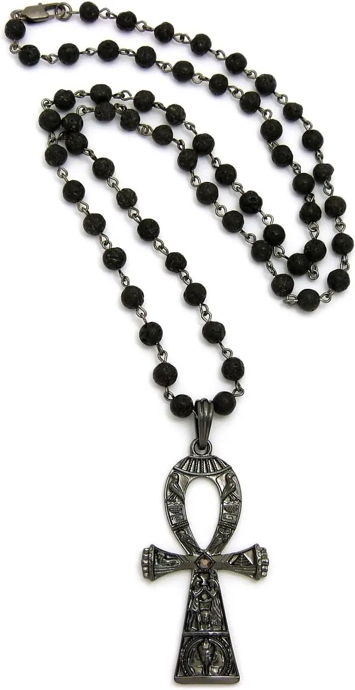 NEW EGYPTIAN ANKH CROSS PENDANT & 30" LAVA STONE BEAD CHAIN HIP HOP NECKLACES