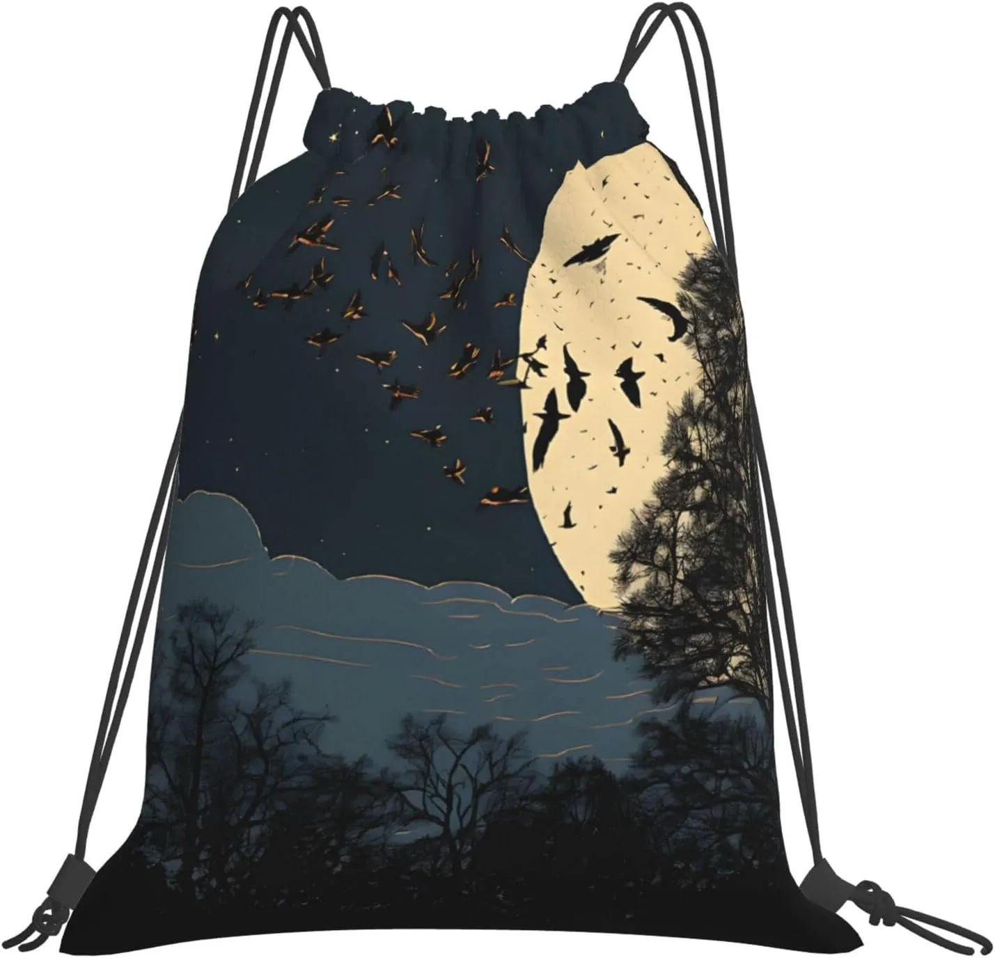 (Night Crow Print) Drawstring Backpack Drawstring Gym Bag Foldable Water Drawstring Bags Draw String Back Bag For Shopping Sport Yoga Travel, Swimming, Beach
