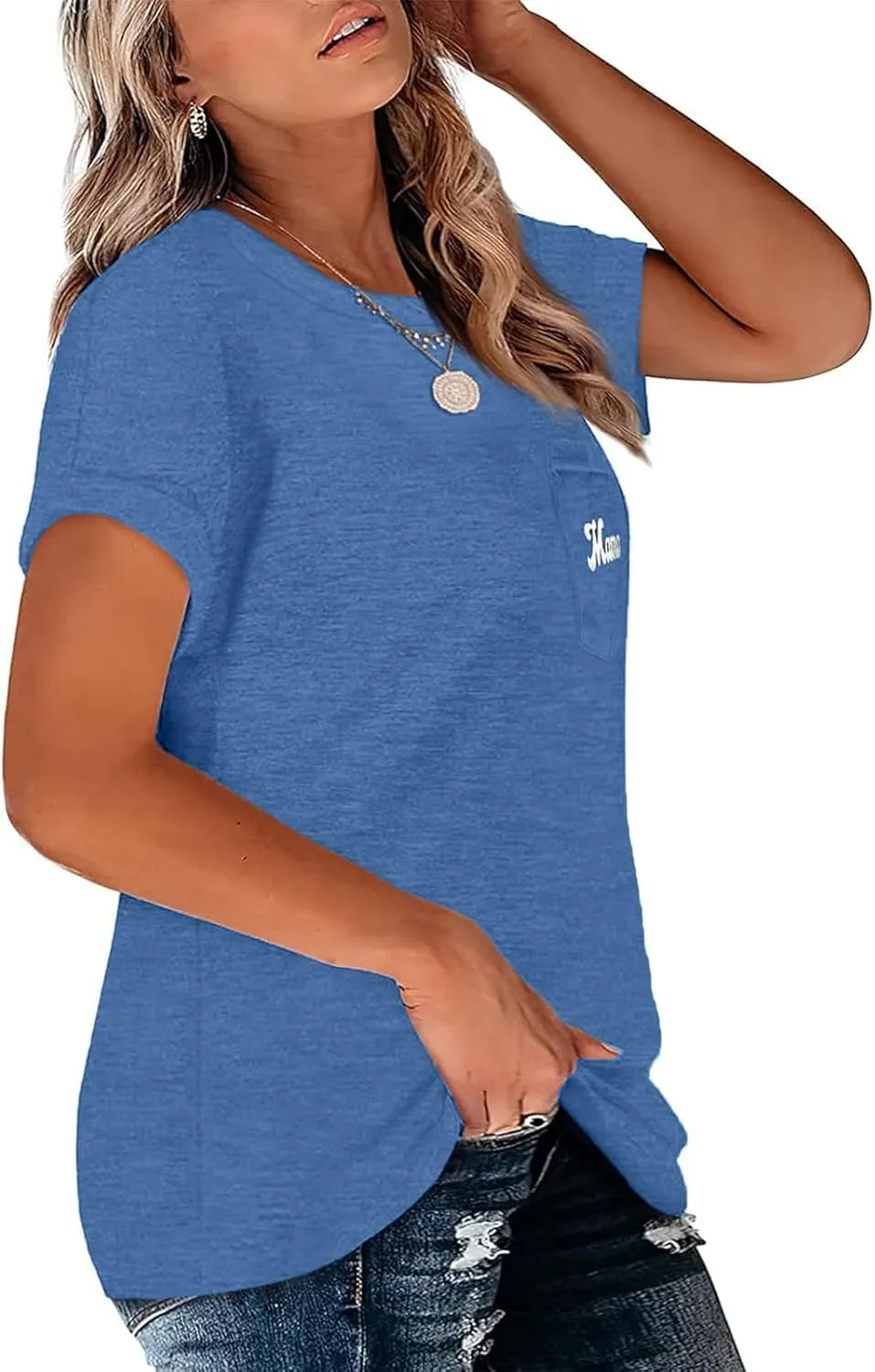 NIUBIA Womens Plus Size Shirts Letter Print Basic Crew Neck Tee Summer Short Sleeve T-Shirt with Pockets Loose Fitting Tops
