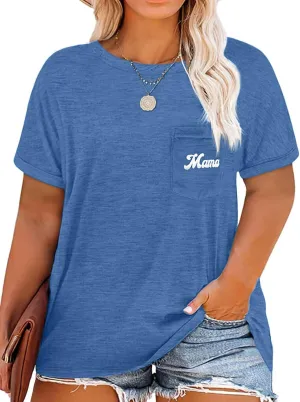 NIUBIA Womens Plus Size Shirts Letter Print Basic Crew Neck Tee Summer Short Sleeve T-Shirt with Pockets Loose Fitting Tops