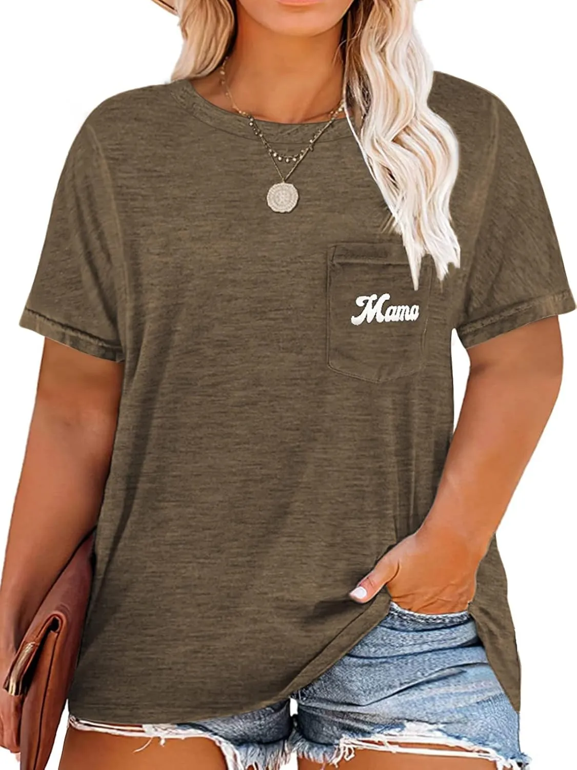 NIUBIA Womens Plus Size Shirts Letter Print Basic Crew Neck Tee Summer Short Sleeve T-Shirt with Pockets Loose Fitting Tops