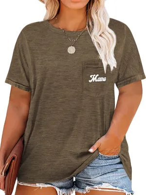 NIUBIA Womens Plus Size Shirts Letter Print Basic Crew Neck Tee Summer Short Sleeve T-Shirt with Pockets Loose Fitting Tops