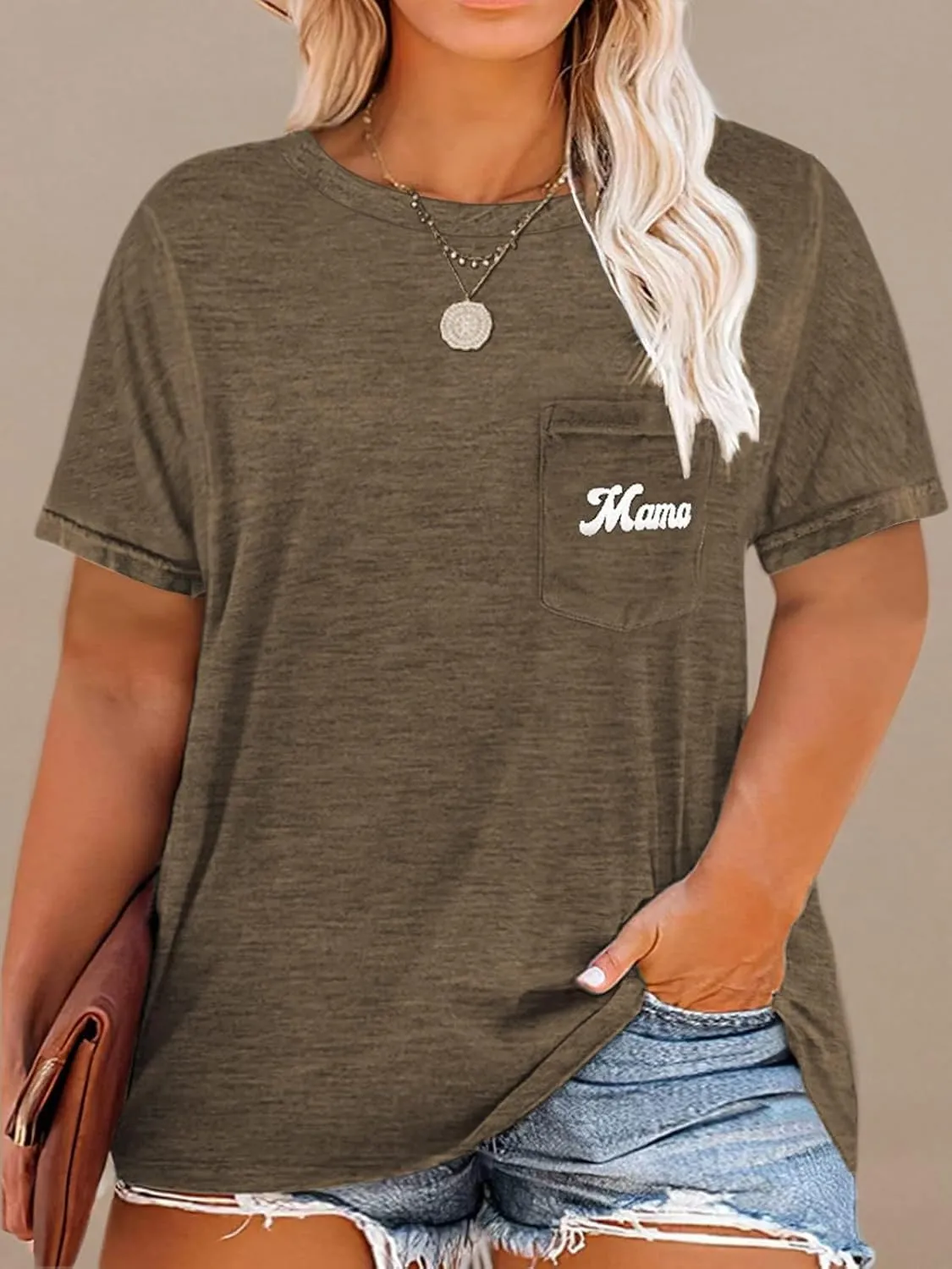 NIUBIA Womens Plus Size Shirts Letter Print Basic Crew Neck Tee Summer Short Sleeve T-Shirt with Pockets Loose Fitting Tops