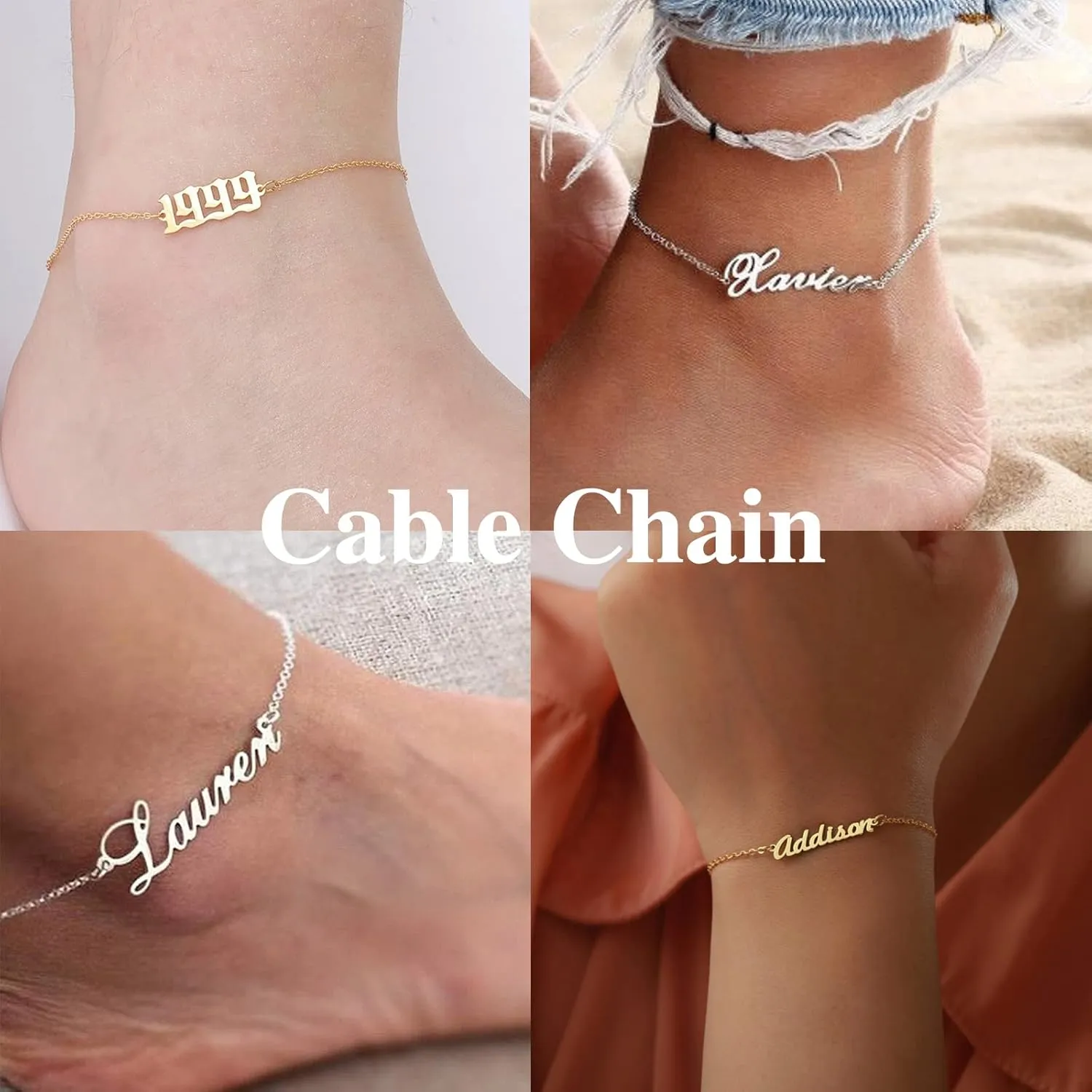 Novgarden Personalized Ankle Bracelets for Women, Sterling Silver Women Beaded Name Anklets with Cuban Chain Link Custom Bracelets Summer Beach Jewelry for Teen Girls