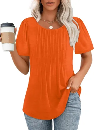 OFEEFAN Womens T Shirts Short Sleeve Pleated Dressy Casual Scooped Neck Summer Tops Blouses